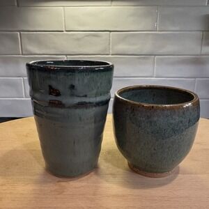 Handmade Thrown Pottery Cup Ceramic Vase Green Drip Glazed Signed‎ KLR Set of 2